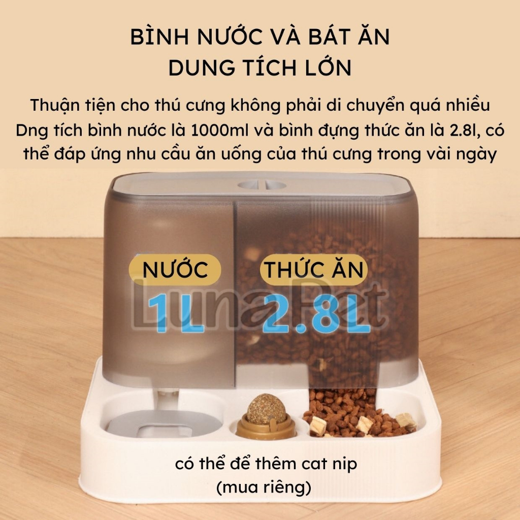 Bát đựng thức ăn tự động cho chó mèo Luna Pet BA11, bát đựng thức ăn và bình nước uống hai ngăn cho cho mèo