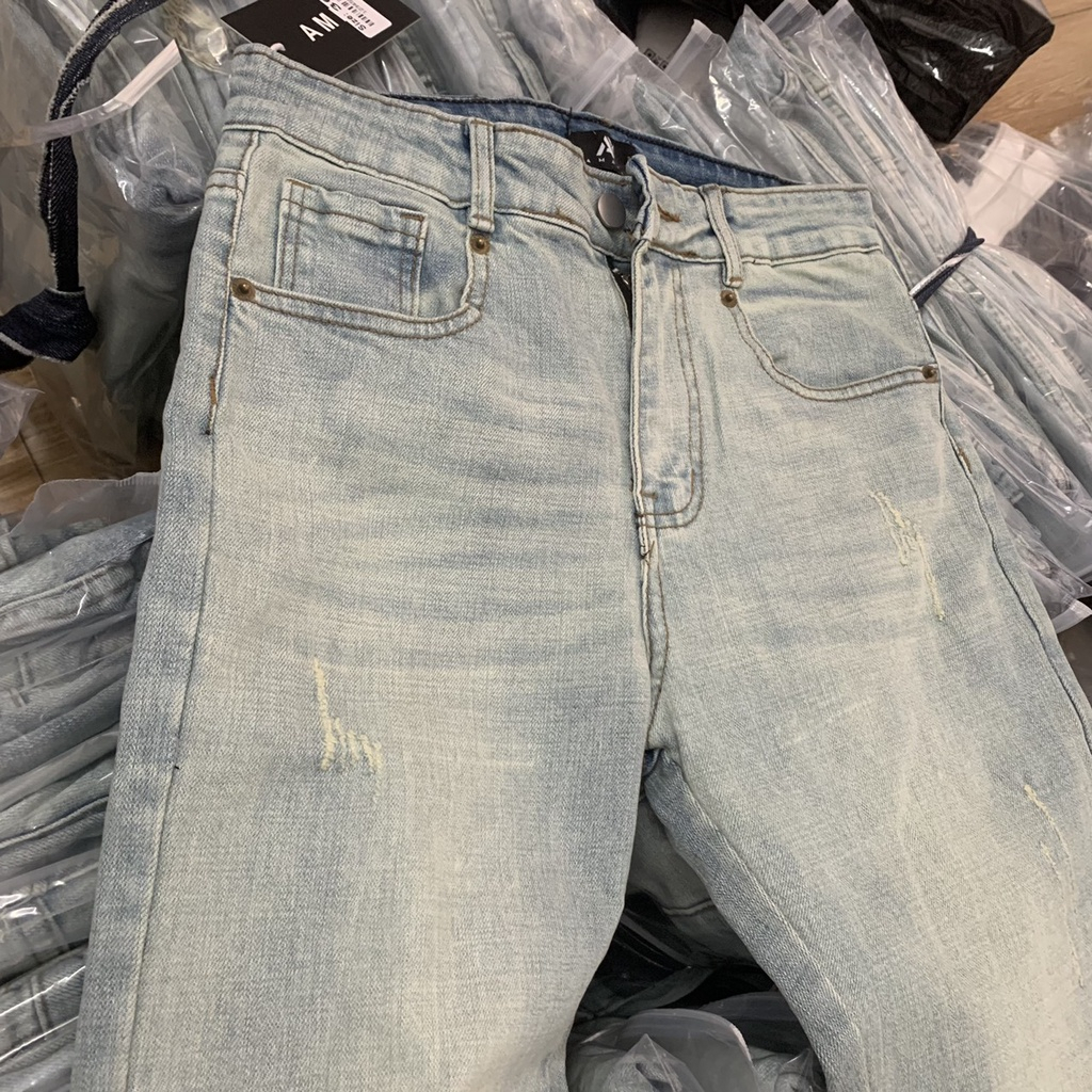 Quần Jean Bò Nam Wash Mài Bạc Rách Nhăn Gối Phối Khoá Ống Phong Cách Streetwear HOT 2023