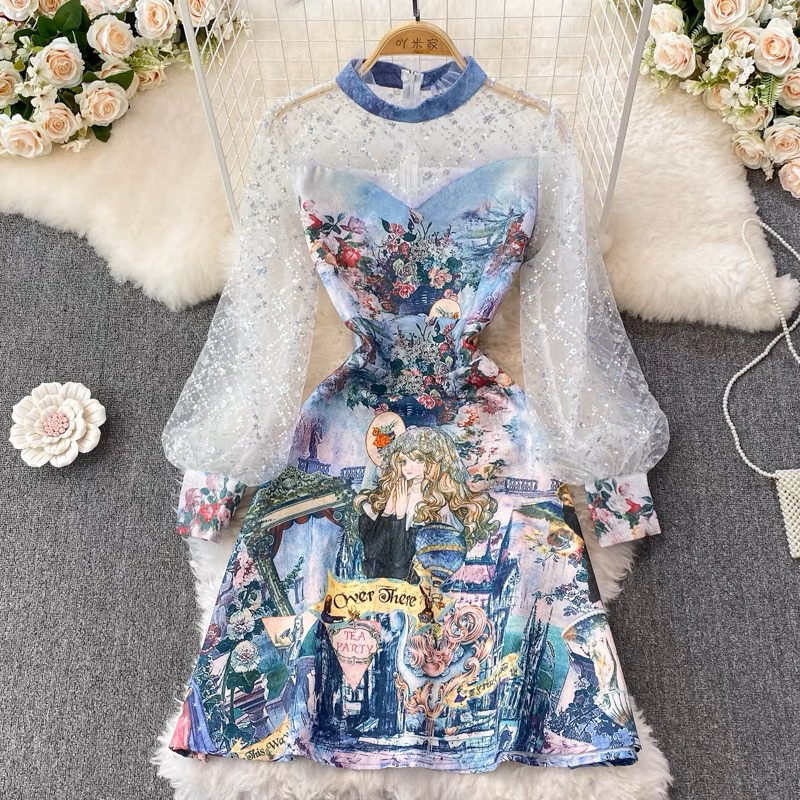 Đầm xoè in thiên thần 3D kết hợp tay phồng tiểu thư sang trọng