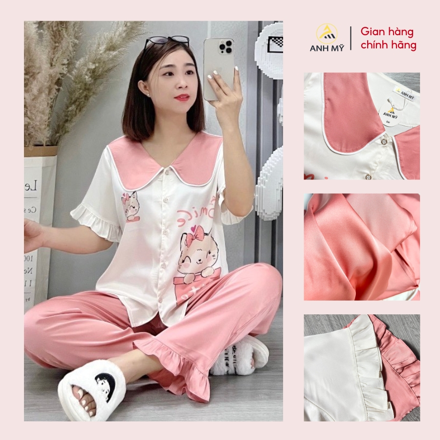 Đồ bộ nữ mặc nhà ANH MỸ pijama mặc nhà chất liệu lụa latin cao cấp tay ngắn quần dài SP0076 official.anhmy