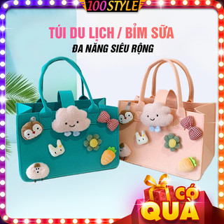 Túi xách đa năng bỉm sữa đi biển đính thú bông