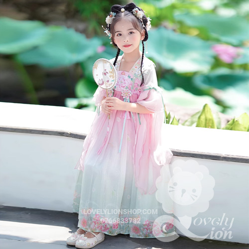 Hán phục màu hồng xanh cho bé gái