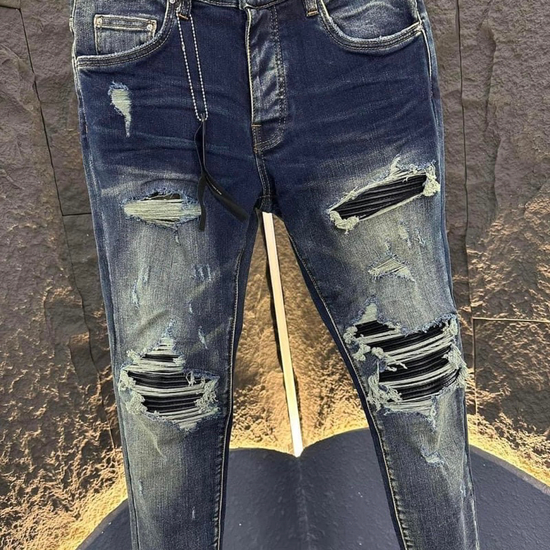 Quần jean bò nam skinny Amiri likeauth xanh thẫm mài rách xù đùi gối vá da nhăn gân đen cứng 4 cúc cực ngầu cực hot