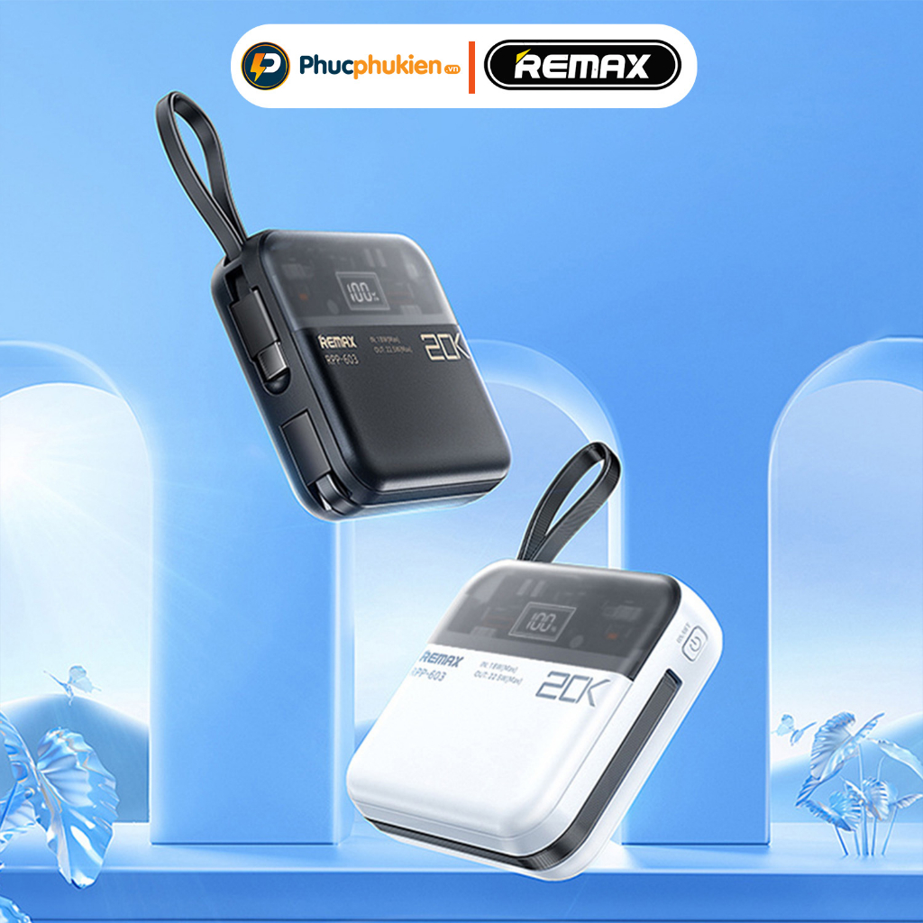 Remax rpp 603 - Sạc dự phòng Remax 20000mAh có sẵn 2 dây sạc type c 22,5w và lphone 20w - Bảo hành tối đa 18 tháng