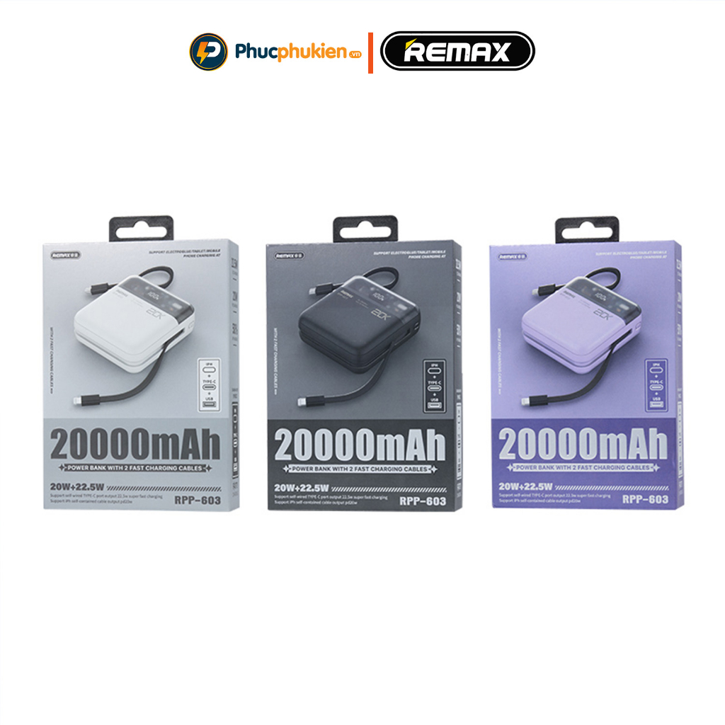 Remax rpp 51 - Sạc dự phòng 20000mah Remax tích hợp dây sạc lPhone 20w và Type C 22,5w - Phúc Phụ Kiện Bảo hành 18 tháng