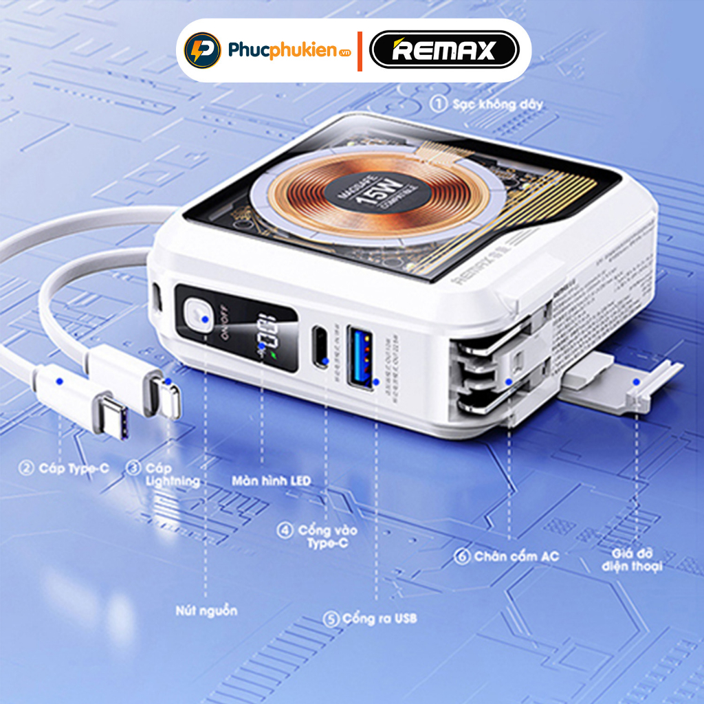 Remax rpp 621 - Sạc dự phòng Remax 10000mAh đa năng all in one sạc không dây 2 dây sạc chân cắm AC - Phúc Phụ Kiện Remax