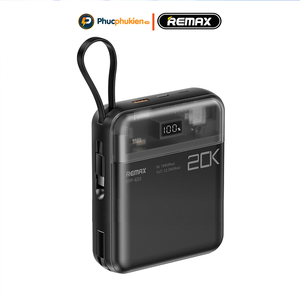 Remax rpp 603 - Sạc dự phòng Remax 20000mAh có sẵn 2 dây sạc type c 22,5w và lphone 20w - Bảo hành tối đa 18 tháng