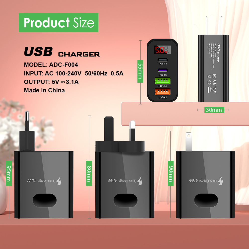 Củ sạc siêu nhanh 45 W 4 cổng USB C x2 - USB A x2 , có hiển thị Volt ADC-F004