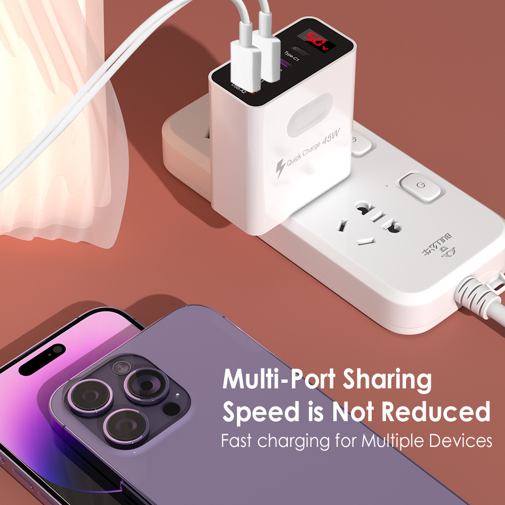 Củ sạc siêu nhanh 45 W 4 cổng USB C x2 - USB A x2 , có hiển thị Volt ADC-F004
