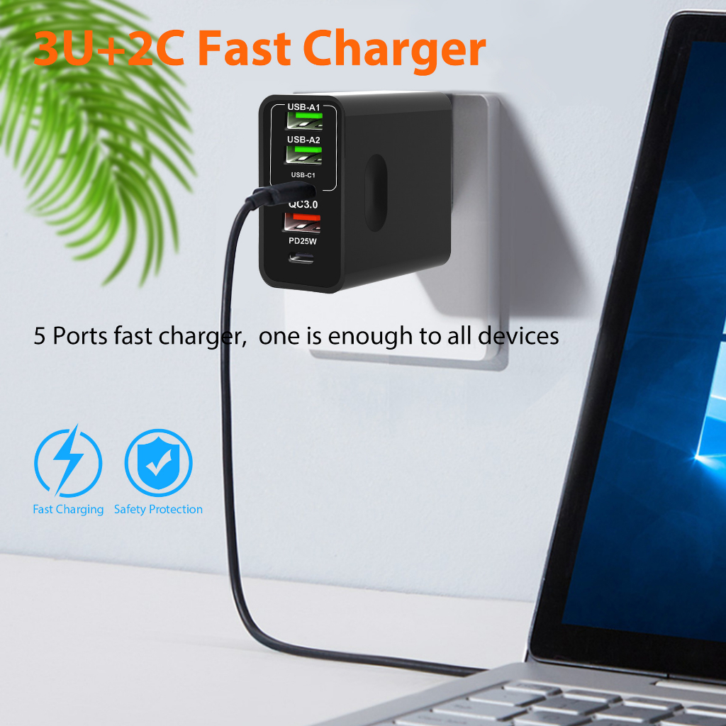 Củ Sạc GAN 65 W siêu nhanh 5 cổng USB C x2 - USB A x3