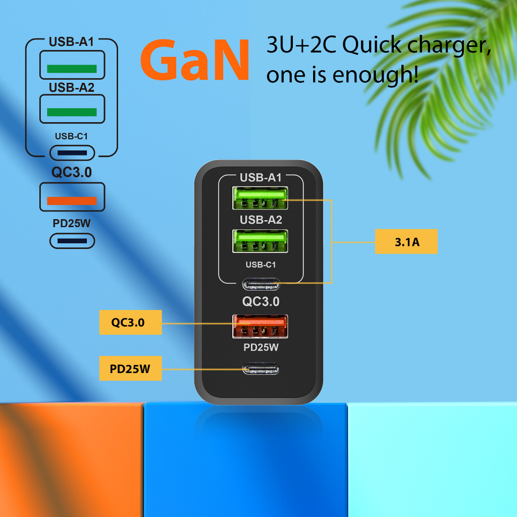Củ Sạc GAN 65 W siêu nhanh 5 cổng USB C x2 - USB A x3