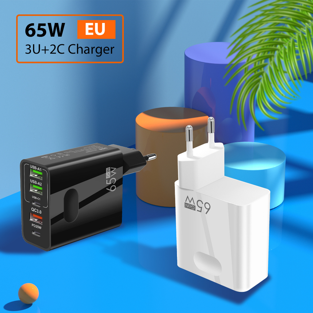 Củ Sạc GAN 65 W siêu nhanh 5 cổng USB C x2 - USB A x3