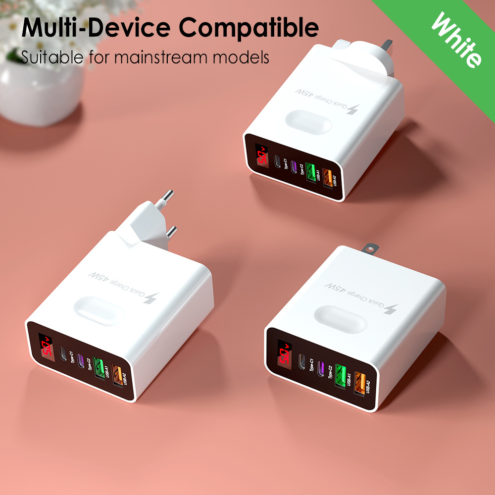 Củ sạc siêu nhanh 45 W 4 cổng USB C x2 - USB A x2 , có hiển thị Volt ADC-F004