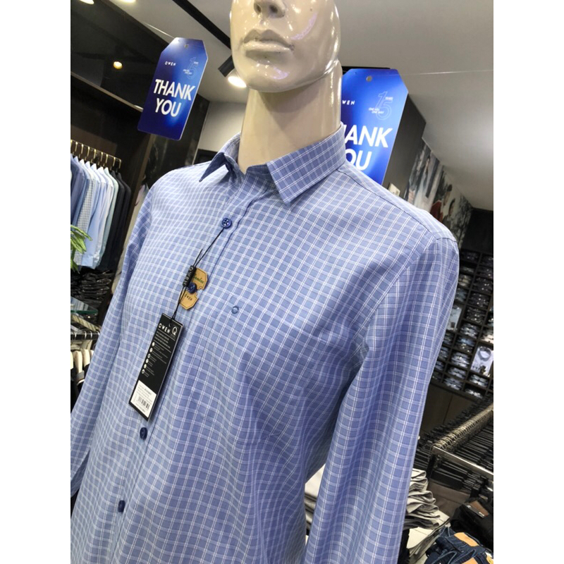 Áo sơ mi owen dài tay màu caro navy trắng regular fit vải sợi tre AR230584DT