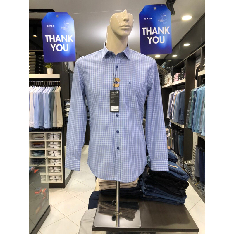 Áo sơ mi owen dài tay màu caro navy trắng regular fit vải sợi tre AR230584DT