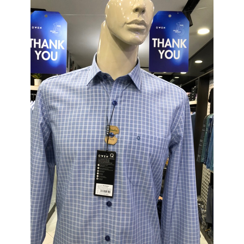 Áo sơ mi owen dài tay màu caro navy trắng regular fit vải sợi tre AR230584DT