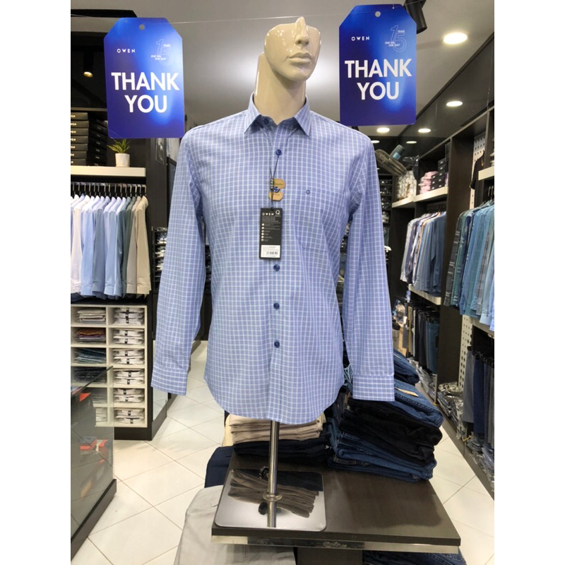 Áo sơ mi owen dài tay màu caro navy trắng regular fit vải sợi tre AR230584DT