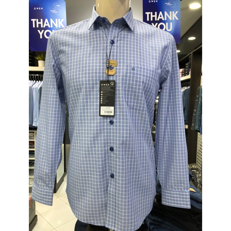 Áo sơ mi owen dài tay màu caro navy trắng regular fit vải sợi tre AR230584DT