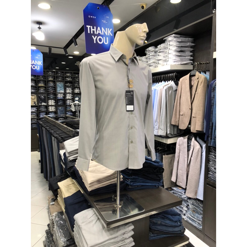 Áo sơ mi owen dài tay màu twin xám rêu regular fit vải sồi AR230501D
