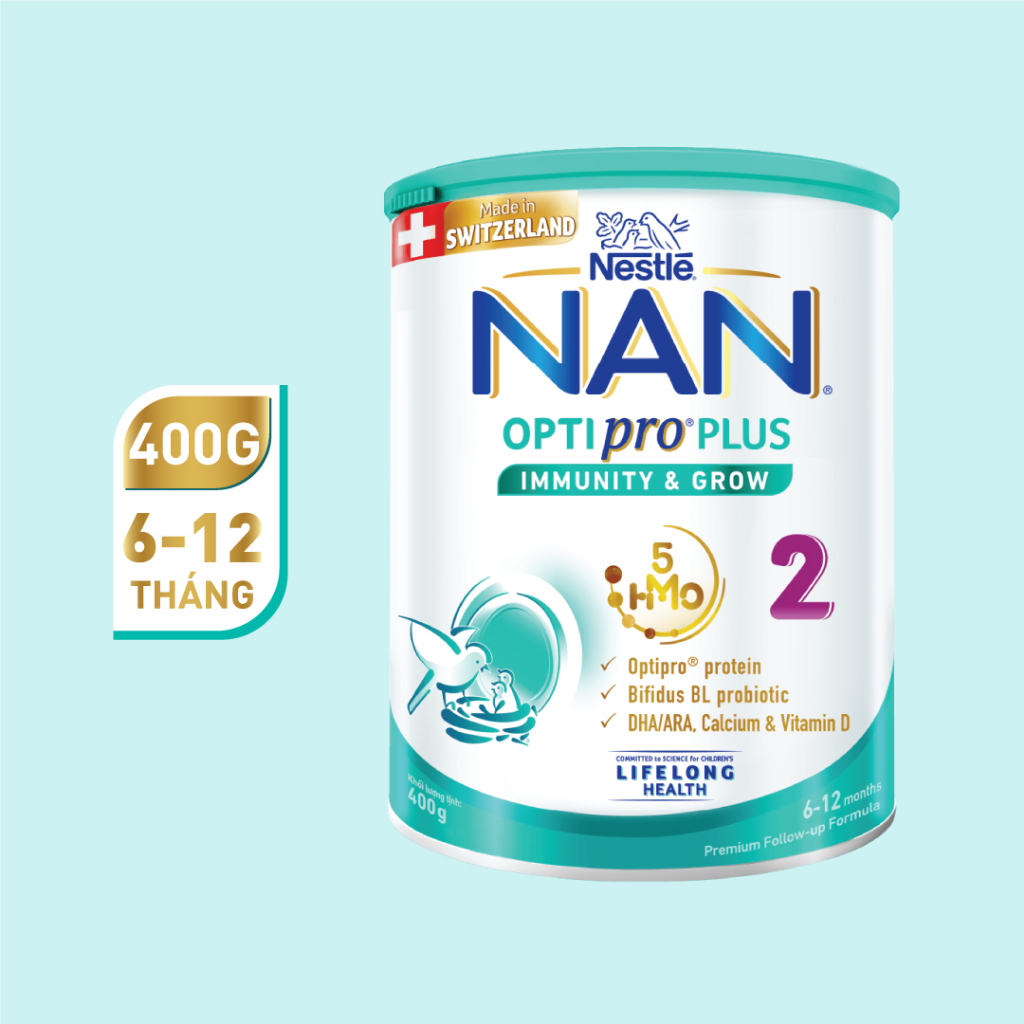 Sữa Bột Nestlé NAN OPTIPRO PLUS 2 400g lon với 5HMO Sản Xuất Tại Thụy Sĩ