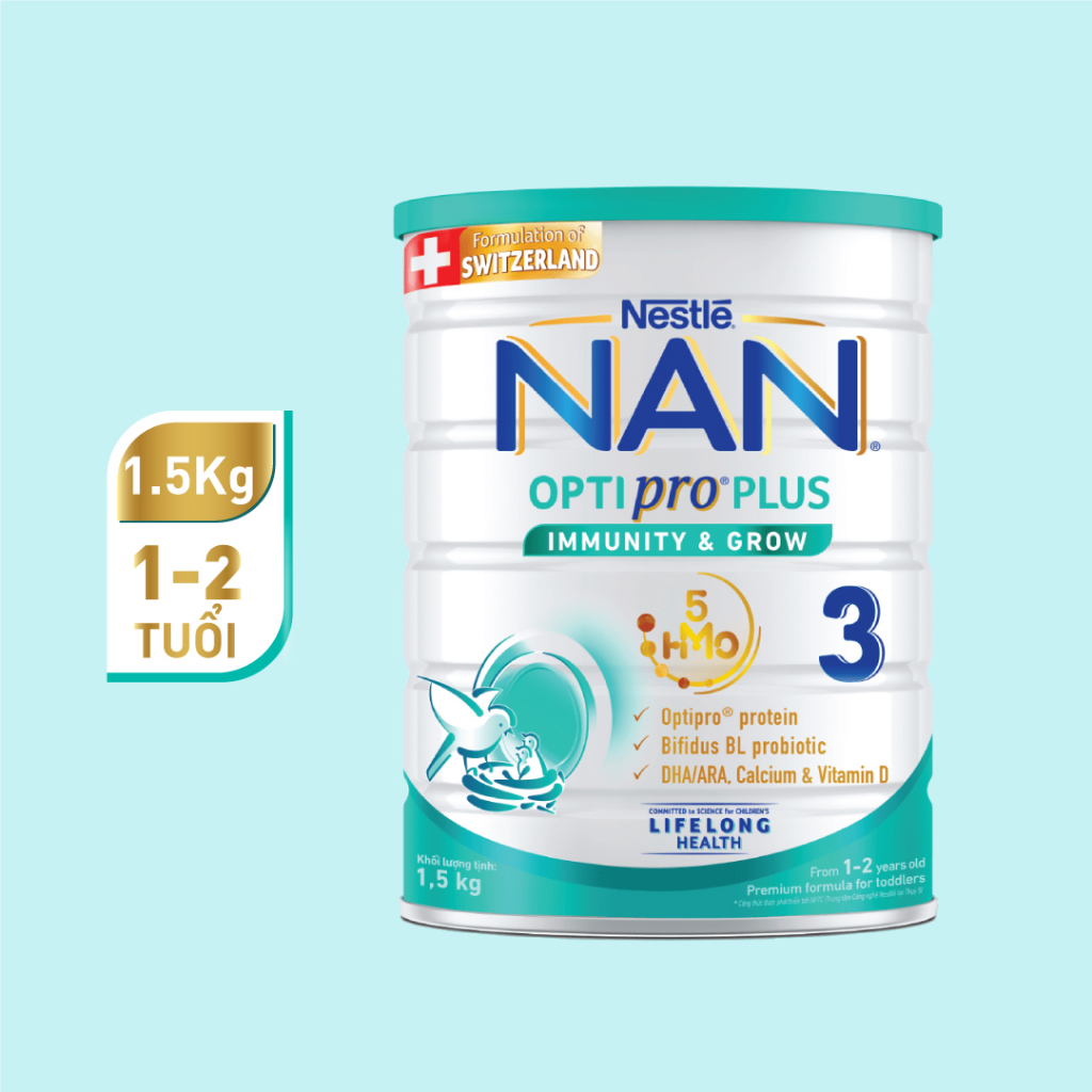 Sữa bột Nestlé NAN OPTIPRO PLUS 3 1500g/lon với 5HMO Giúp tiêu hóa tốt + Tăng cường đề kháng