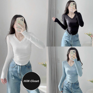Áo thun nữ dài tay cổ tim vạt bầu - Áo thun tăm nữ rúm eo co giãn HiinCloset