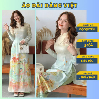 Áo dài truyền thống nữ hoa gấm lụa vân gỗ may sẵn dành cho giáo viên công sở