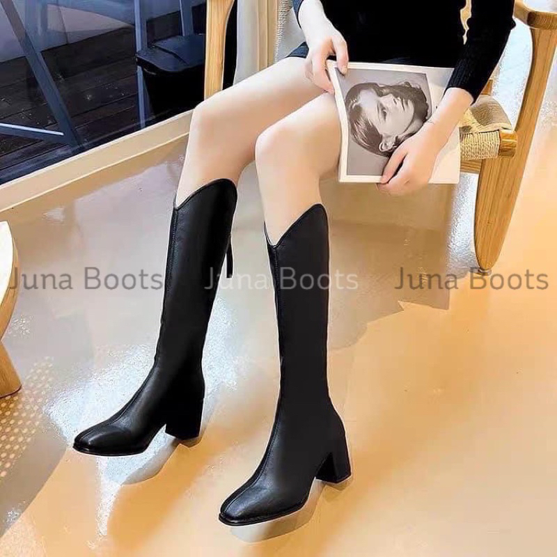 Giày bốt đùi cổ V da mềm gót trụ 5p dành cho nàng bắp chân to - Boots nữ quảng châu đi êm chân