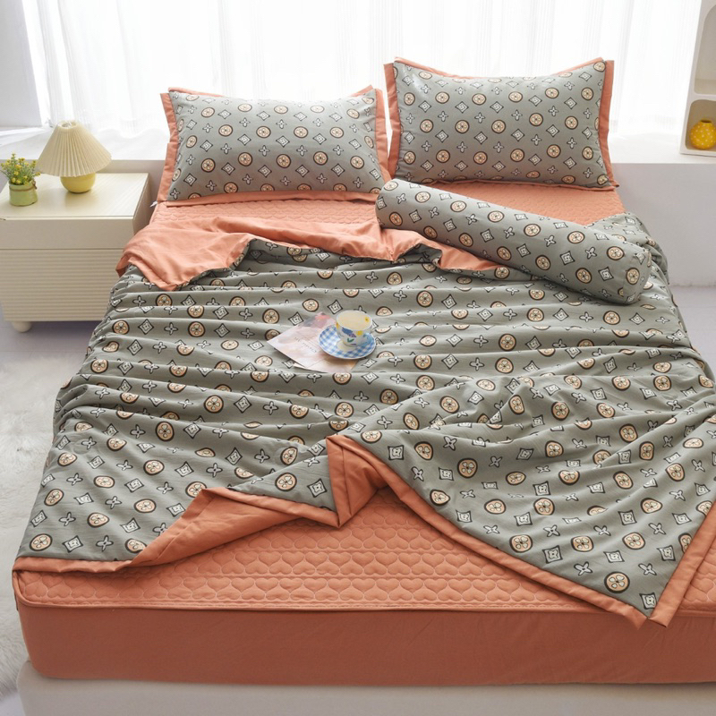 Chăn ga gối đũi trần hoa, set 5 món cotton đũi Hàn chăn trần hè êm ái thoáng khí tối ưu thấm hút mồ hôi hàng nhập khẩu