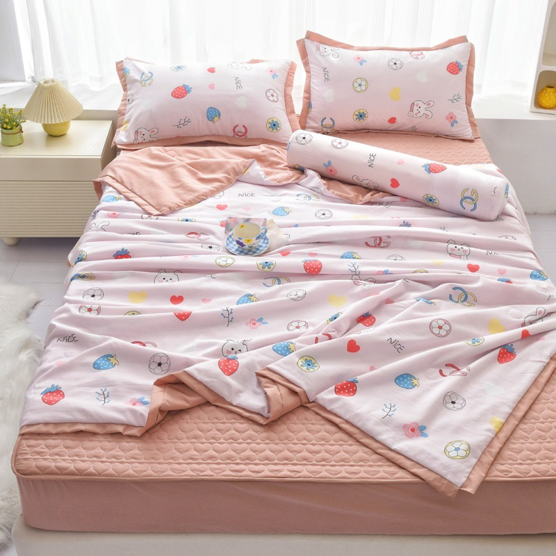 Chăn ga gối đũi trần hoa, set 5 món cotton đũi Hàn chăn trần hè êm ái thoáng khí tối ưu thấm hút mồ hôi hàng nhập khẩu