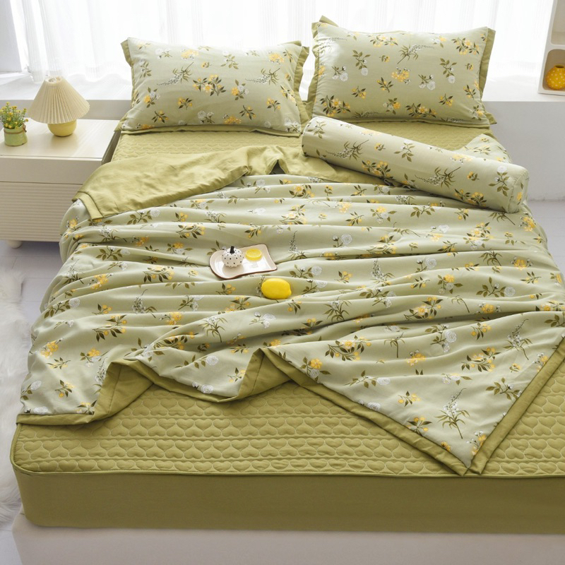 Chăn ga gối đũi trần hoa, set 5 món cotton đũi Hàn chăn trần hè êm ái thoáng khí tối ưu thấm hút mồ hôi hàng nhập khẩu