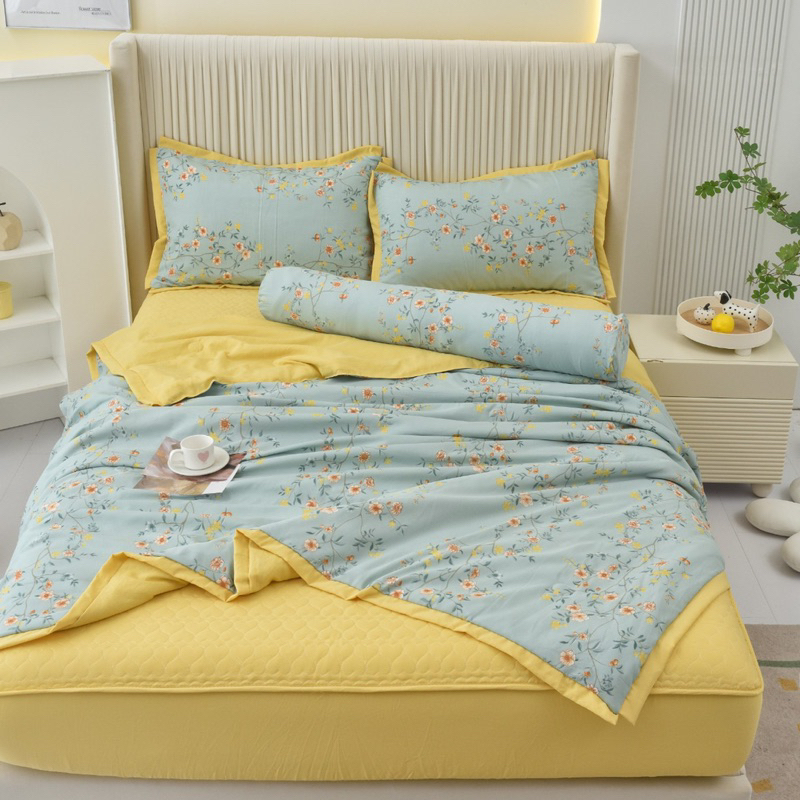 Chăn ga gối đũi trần hoa, set 5 món cotton đũi Hàn chăn trần hè êm ái thoáng khí tối ưu thấm hút mồ hôi hàng nhập khẩu