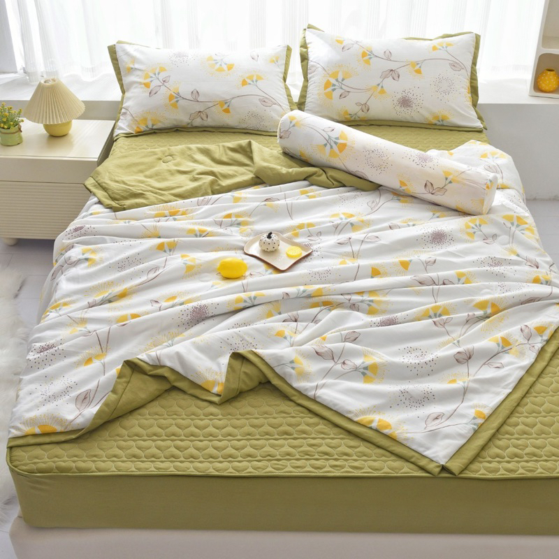 Chăn ga gối đũi trần hoa, set 5 món cotton đũi Hàn chăn trần hè êm ái thoáng khí tối ưu thấm hút mồ hôi hàng nhập khẩu