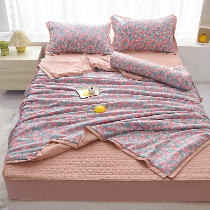 Chăn ga gối đũi trần hoa, set 5 món cotton đũi Hàn chăn trần hè êm ái thoáng khí tối ưu thấm hút mồ hôi hàng nhập khẩu