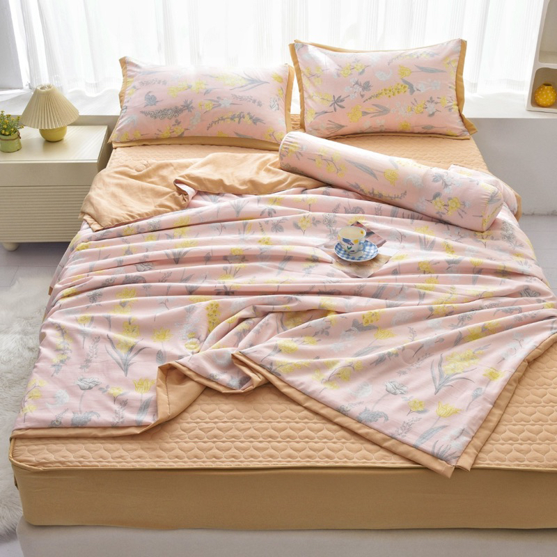 Chăn ga gối đũi trần hoa, set 5 món cotton đũi Hàn chăn trần hè êm ái thoáng khí tối ưu thấm hút mồ hôi hàng nhập khẩu