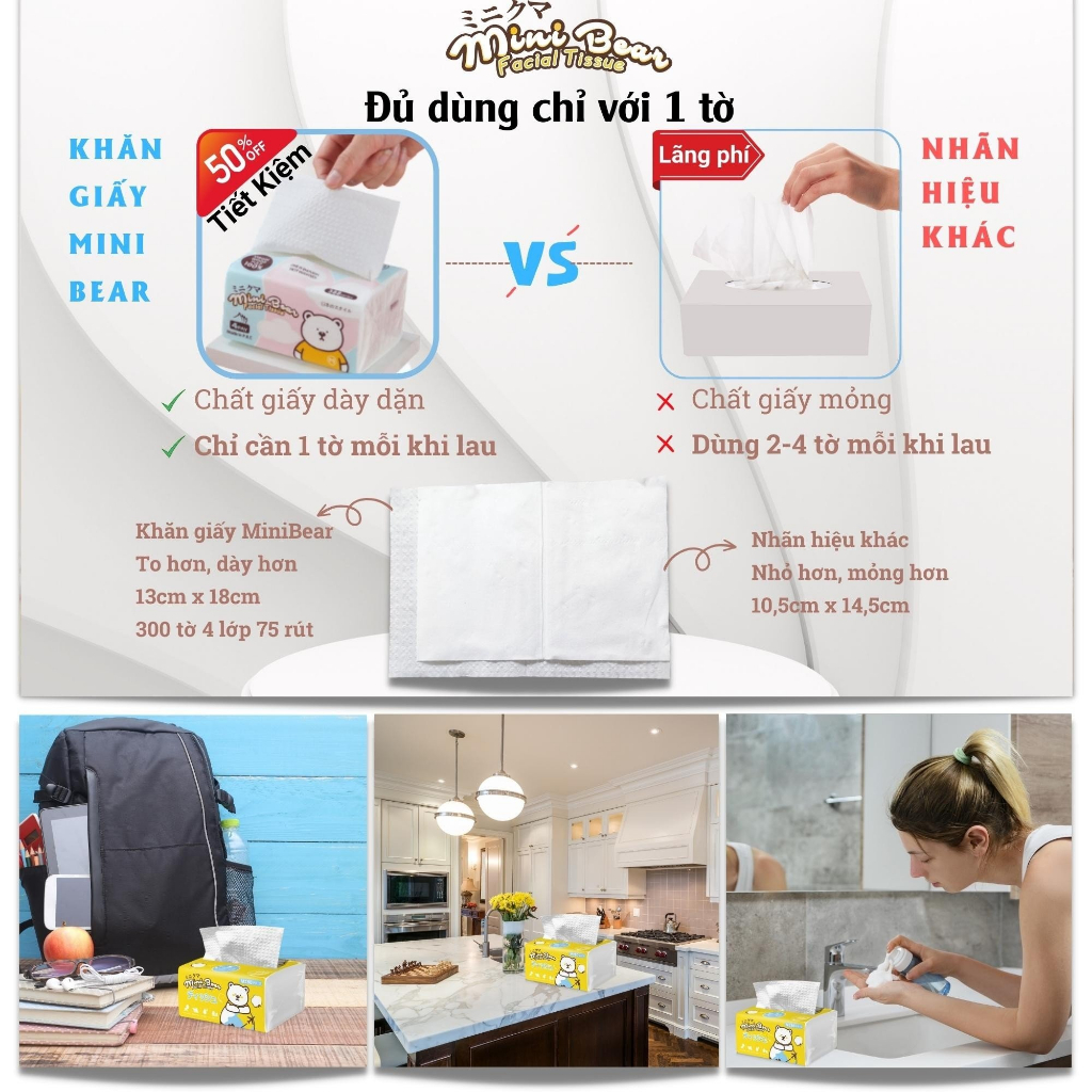 Giấy ăn Minibear, thùng 30 gói khăn giấy cao cấp thêm dày 300 tờ 4 lớp, 100% bột gỗ nguyên sinh, an toàn làn da.