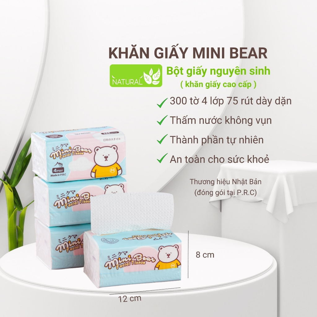 Giấy ăn Minibear, thùng 30 gói khăn giấy cao cấp thêm dày 300 tờ 4 lớp, 100% bột gỗ nguyên sinh, an toàn làn da.