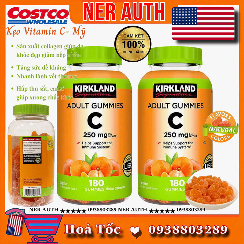 Kẹo dẻo bổ sung Vitamin C Kirkland Adult Gummies C 250mg 180 viên [HOẢ TỐC DATE MỚI]