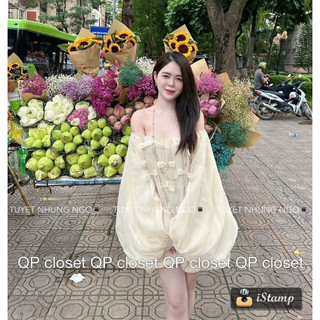 Đầm váy nữ tiểu thư trể vai nơ đính đá trước ngực phối voan lụa hàng thiết kê quàng châu cao cấp mẫu HOT TREND