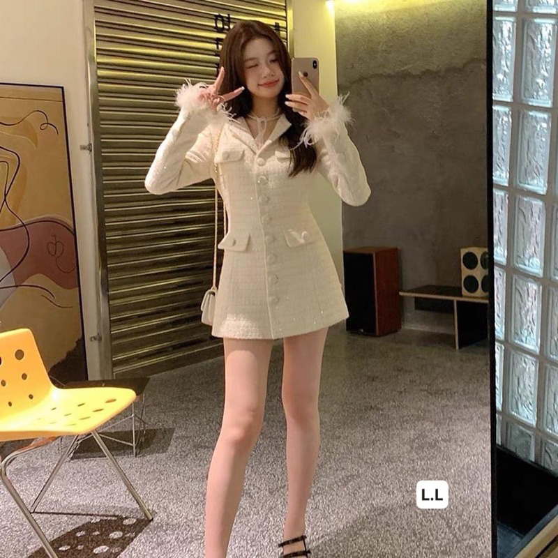 Váy dạ cao cấp tay phối lông sang chảnh