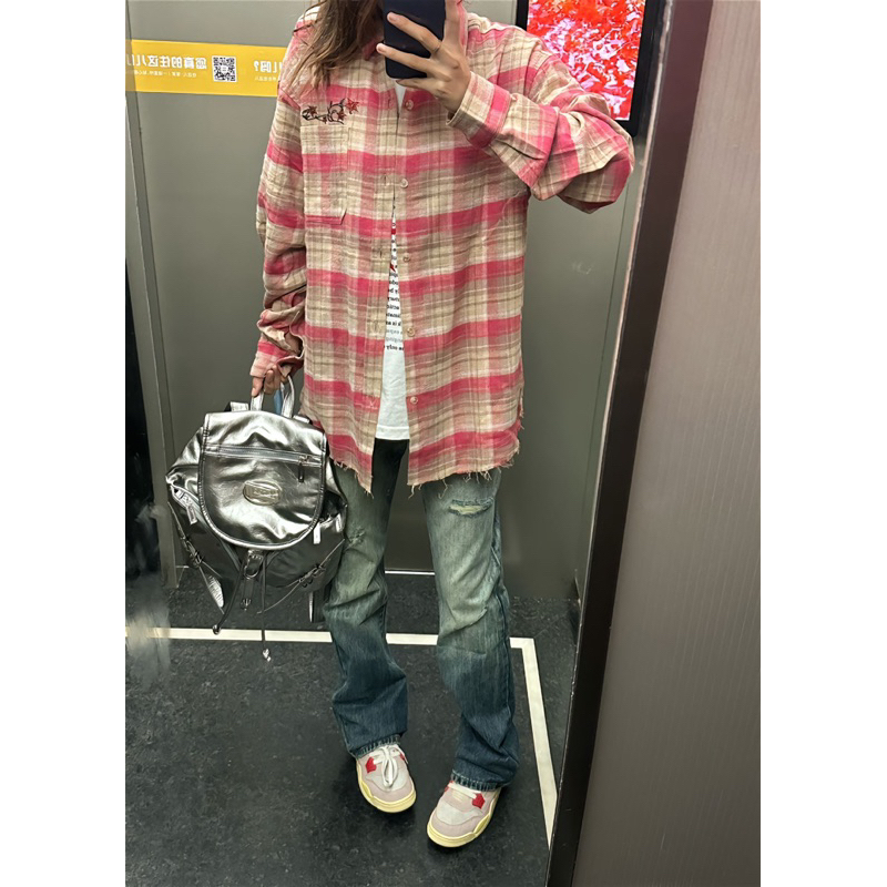 Áo sơ mi flannel hoạ tiết thêu classic,phong cách ulzzang,retro,unisex