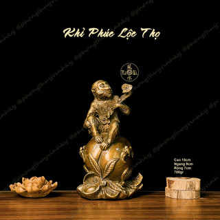 Khỉ ngồi Đào cầm Gậy Như Ý - Hầu Đắc Thọ - Tượng Đồng Phong Thủy