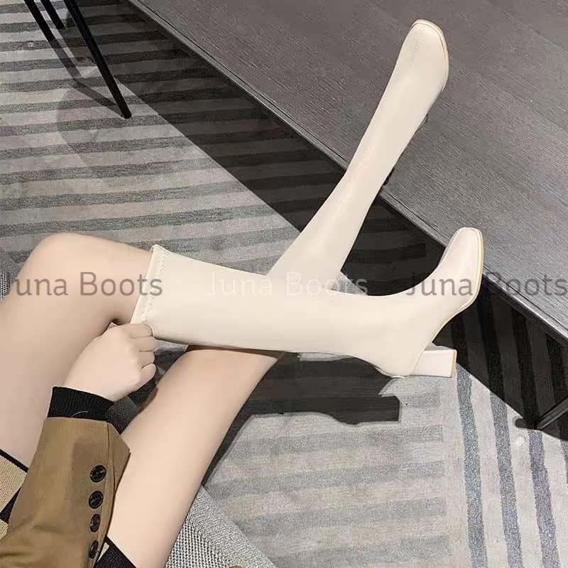Bốt đùi da mềm gót trụ cao 7p - Boots đùi da lì lót lông cao cấp