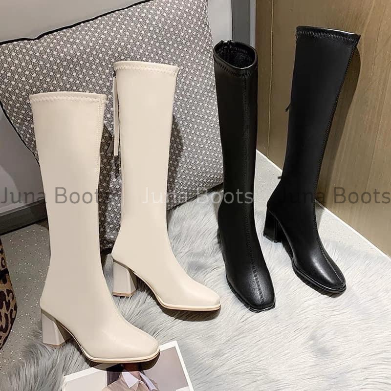 Bốt đùi da mềm gót trụ cao 7p - Boots đùi da lì lót lông cao cấp