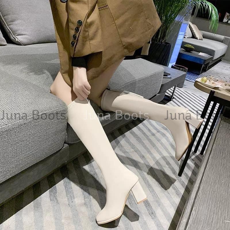 Bốt đùi da mềm gót trụ cao 7p - Boots đùi da lì lót lông cao cấp