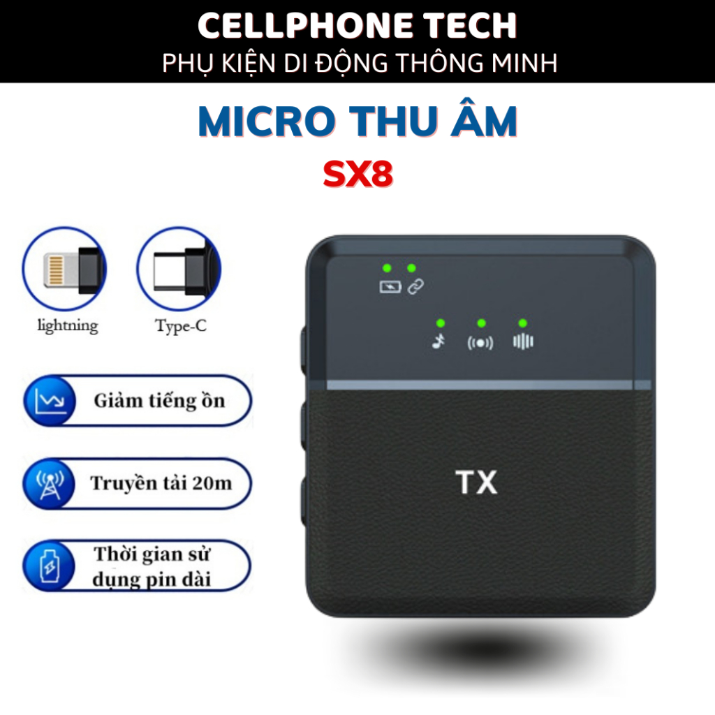 Micro thu âm không dây cài áo SX8, mic thu âm livestream, quay video, khử tiếng ồn cao cấp, khoảng cách 20m, lỗi 1 đổi 1