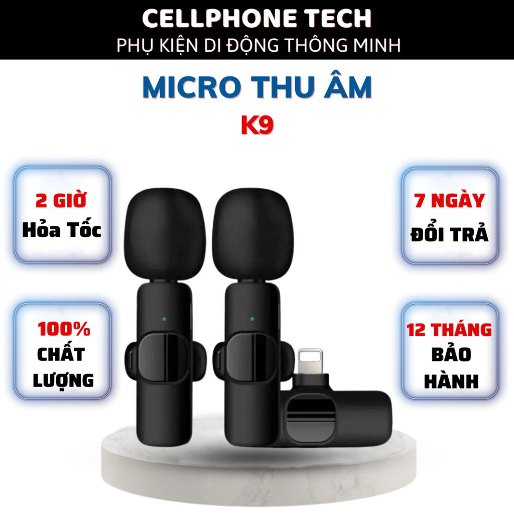 Micro thu âm không dây, micro cài áo 2 mic K9, mic thu âm, livestream, quay video, micro thu âm khử tiếng ồn cao cấp