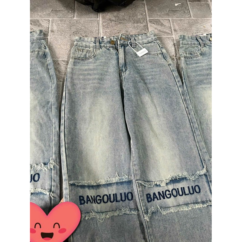 Quần bò ống rộng thêu chữ BANGOULU.O siêu hot