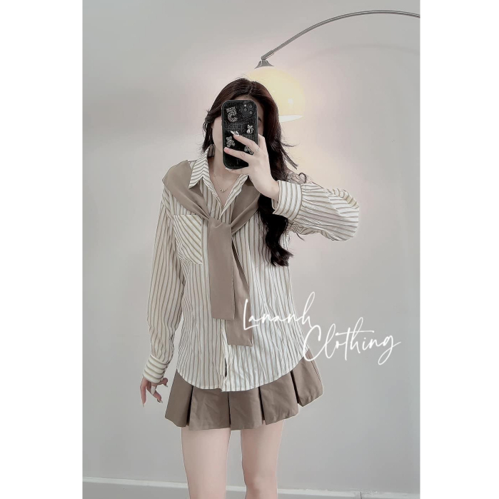 Set Áo Sơ Mi Thủ Thuỷ Kẻ Quàng Khăn 3 MÀU Mix Chân Váy Xoè Xếp Ly