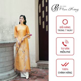 Áo dài Liễu Mai vàng, áo dài truyền thống tay xòe cổ trụ 2p
